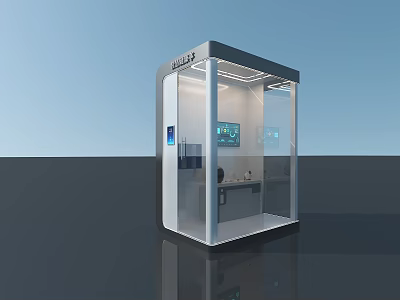 Modern Transparent Enclosed Pod Interior With Workstation Equipment And Metal Frame 3d model