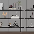 Modern Black Shelving Unit in Minimalist Interior with Decorative Books Vases Sculptures and Ornaments