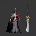 Horned Mythical Character With Red Black Attire And Ornate Golden Pink Decorative Sword