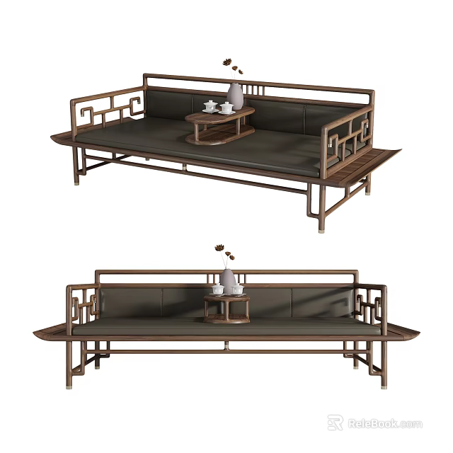 Traditional Chinese Luohan Bed With Wooden Frame Small Tea Table And Comfortable Cushion 3d model 