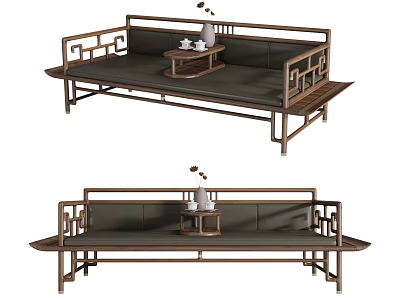 Traditional Chinese Luohan Bed With Wooden Frame Small Tea Table And Comfortable Cushion 3d model