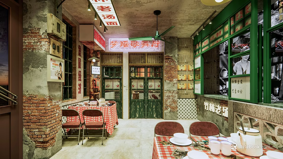 Retro Style Restaurant Interior With Brick Walls Green Doors And Checkered Tablecloths 3d model 