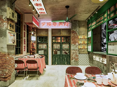 Retro Style Restaurant Interior With Brick Walls Green Doors And Checkered Tablecloths 3d model