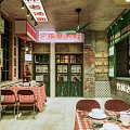 Retro Style Restaurant Interior With Brick Walls Green Doors And Checkered Tablecloths