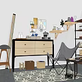 Modern Entryway Cabinet and Side Cabinet with Wooden Shelves Chair Plant Mirror and Storage Boxes