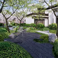 Residential Landscape With Green Lawn Stone Pathway Lush Shrubs And Traditional House