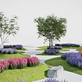 Landscape Design Model with Green Grass Irregular Shapes Trees and Purple Pink Flower Clusters