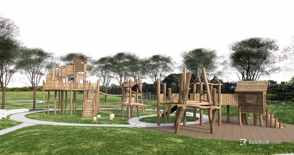 Outdoor Wooden Children's Playground With Climbing Frames Slides And Playhouses In Grassy Area With Trees 3d model 