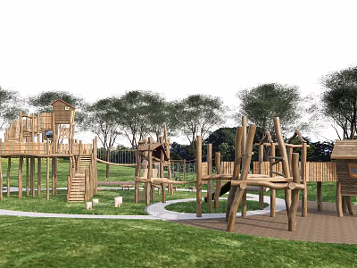 Outdoor Wooden Children's Playground With Climbing Frames Slides And Playhouses In Grassy Area With Trees 3d model