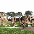 Outdoor Wooden Children's Playground With Climbing Frames Slides And Playhouses In Grassy Area With Trees