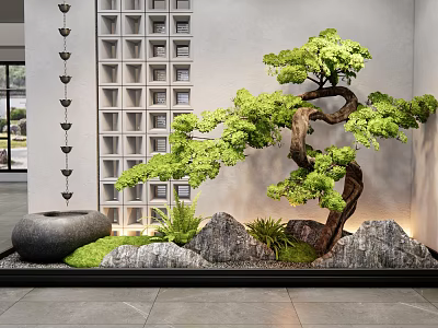 Foyer Passage Interior Design With Green Bonsai Tree Rockery Stones Stone Basin And Grid Wall 3d model