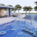 Outdoor Swimming Pool Area Landscape Design With Lounge Chairs Trees And Recreational Facilities