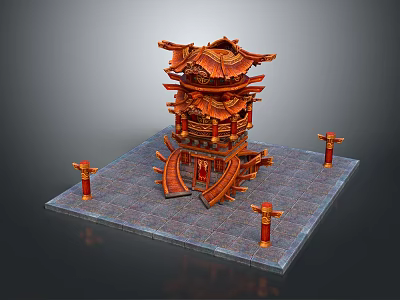 Cartoon Style Chinese Tower Scene With Multi Tiered Structure Red Roofs And Wooden Decorations 3d model