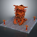 Cartoon Style Chinese Tower Scene With Multi Tiered Structure Red Roofs And Wooden Decorations