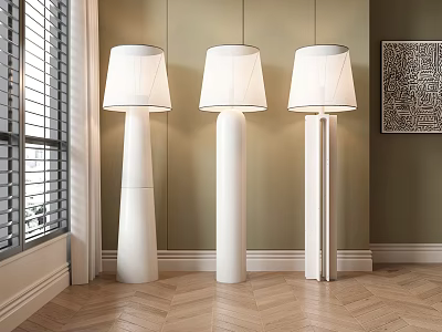 Three White Floor Lamps In Modern Living Interior With Window Wood Floor And Decorative Wall Art 3d model