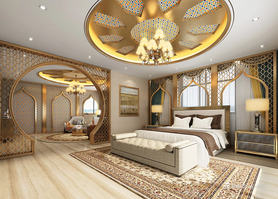 Luxurious Hotel Room With Circular Golden Ceiling Chandelier Wooden Flooring Rug And Seating Area 3d model 