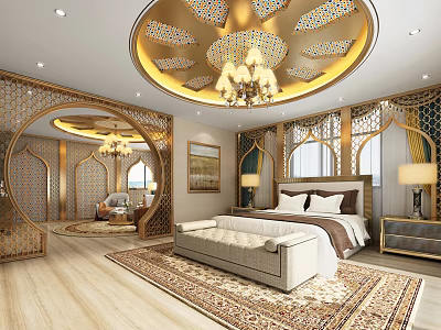 Luxurious Hotel Room With Circular Golden Ceiling Chandelier Wooden Flooring Rug And Seating Area 3d model