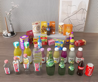 Assorted Beverages With Bottled And Boxed Drinks In Various Colors On Table 3d model