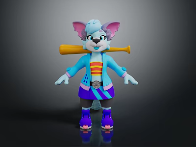 Game And Movie Character Stylish Cartoon Cat With Pink Ears Blue Coat Yellow Baseball Bat 3d model