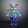 Game And Movie Character Stylish Cartoon Cat With Pink Ears Blue Coat Yellow Baseball Bat