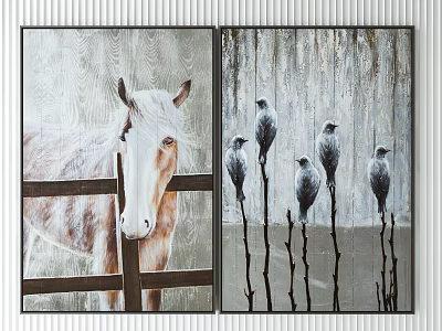 Decorative Paintings Featuring Horse Portrait And Birds On Branches With Textured Backgrounds 3d model