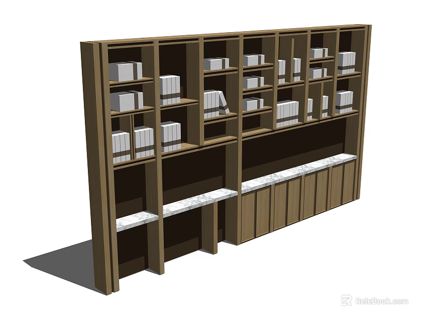 Wooden Bookshelf With Multiple Shelves Filled With Books And Bottom Drawers 3d model 