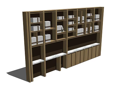 Wooden Bookshelf With Multiple Shelves Filled With Books And Bottom Drawers 3d model