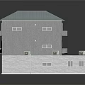 Two Story Gray House Building With Light Blue Roof Multiple Windows And Brick Base
