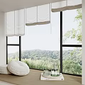 White Roman Curtains On Large Window With Natural Green View And Soft Cushions On Windowsill