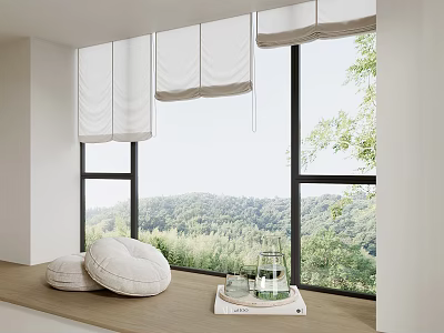 White Roman Curtains On Large Window With Natural Green View And Soft Cushions On Windowsill 3d model
