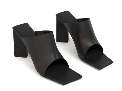 Black Leather Square Toe Block Heel Shoes with Stylish Slide Design for Women 3d model