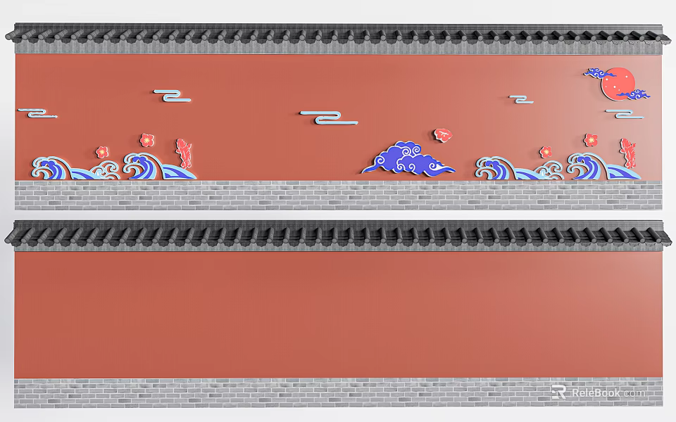 Traditional Chinese Background Wall With Red Surface Gray Brick Borders Colorful Cloud Wave Patterns 3d model