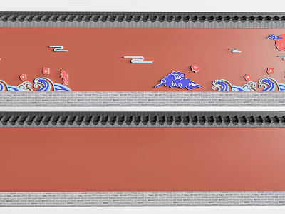 Traditional Chinese Background Wall With Red Surface Gray Brick Borders Colorful Cloud Wave Patterns 3d model