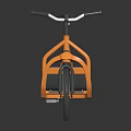 Orange Tricycle with Unique Frame Design Dual Seats on Dark Background with Reflective Surface