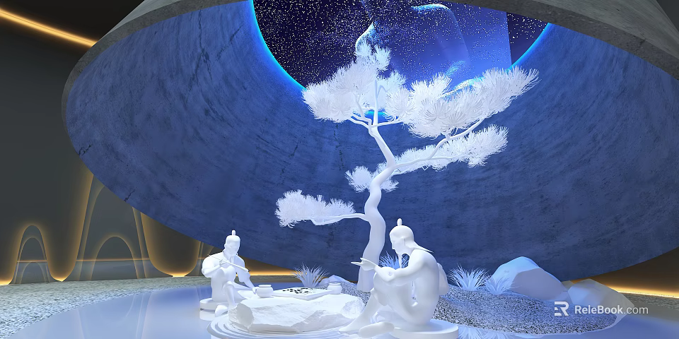 White Garden Ornament Display With Decorative Tree Sculptures Circular Platform And Starry Background 3d model 