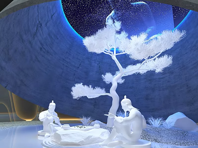 White Garden Ornament Display With Decorative Tree Sculptures Circular Platform And Starry Background 3d model