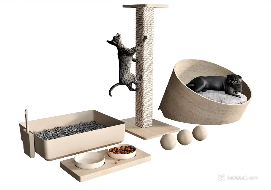 Cat Supplies Set With Scratching Post Bed Litter Box Bowls And Toy Balls 3d model 