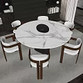 Modern Round Dining Table Set With White Tabletop And Six White Brown Chairs 3d model