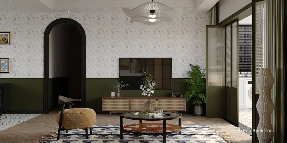 Dining Living Room Interior With Patterned Wallpaper Green Walls Arched Doorway And Wooden TV Cabinet 3d model 