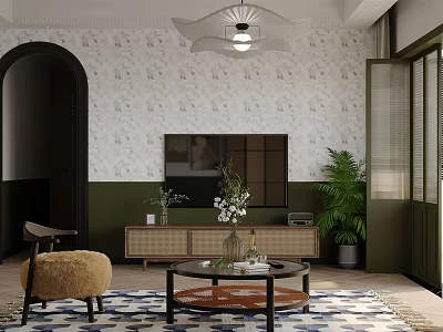 Dining Living Room Interior With Patterned Wallpaper Green Walls Arched Doorway And Wooden TV Cabinet 3d model
