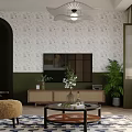 Dining Living Room Interior With Patterned Wallpaper Green Walls Arched Doorway And Wooden TV Cabinet