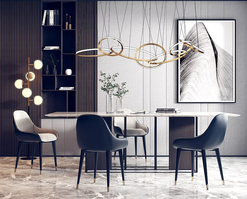 Modern Dining Table Set With Gold Chandelier Artwork And Comfortable Chairs 3d model
