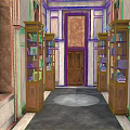 Classical Hallway Interior With Wooden Display Cabinets Decorative Walls Carved Ceiling And Dark Floor