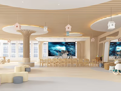 Spacious Kindergarten Activity Space With Wooden Ceiling Hanging Birdhouse Decor And Ocean Theme Wall 3d model