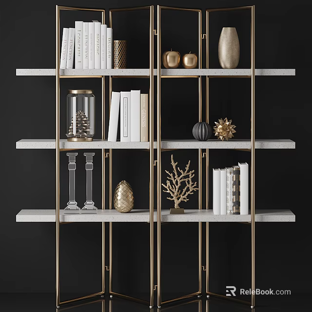 Elegant Modern Bookshelf Design With Gold Metal Frame Marble Shelves Books And Decorative Items 3d model 