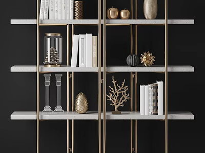 Elegant Modern Bookshelf Design With Gold Metal Frame Marble Shelves Books And Decorative Items 3d model