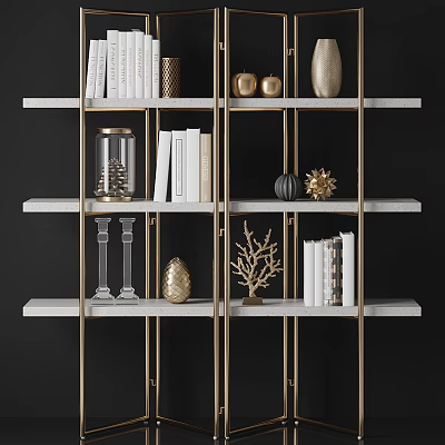 Elegant Modern Bookshelf Design With Gold Metal Frame Marble Shelves Books And Decorative Items 3d model