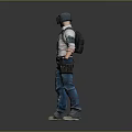 A Man Wearing Tactical Helmet White Shirt Black Tie Blue Jeans Backpack And Gloves