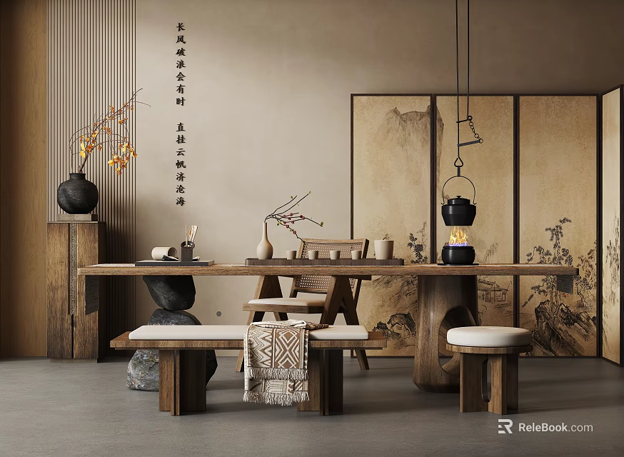 Traditional Chinese Tea Room Interior Featuring Wooden Table Benches Tea Sets Landscape Screens Calligraphy Scrolls 3d model 
