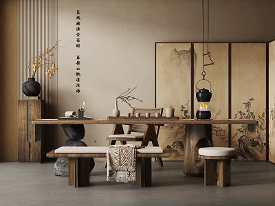 Traditional Chinese Tea Room Interior Featuring Wooden Table Benches Tea Sets Landscape Screens Calligraphy Scrolls 3d model